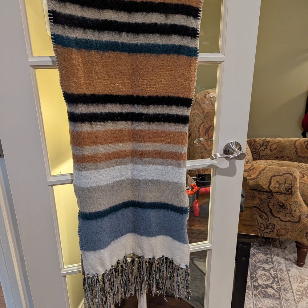 Sonoma Blue and Tan Striped Scarf With Fringe